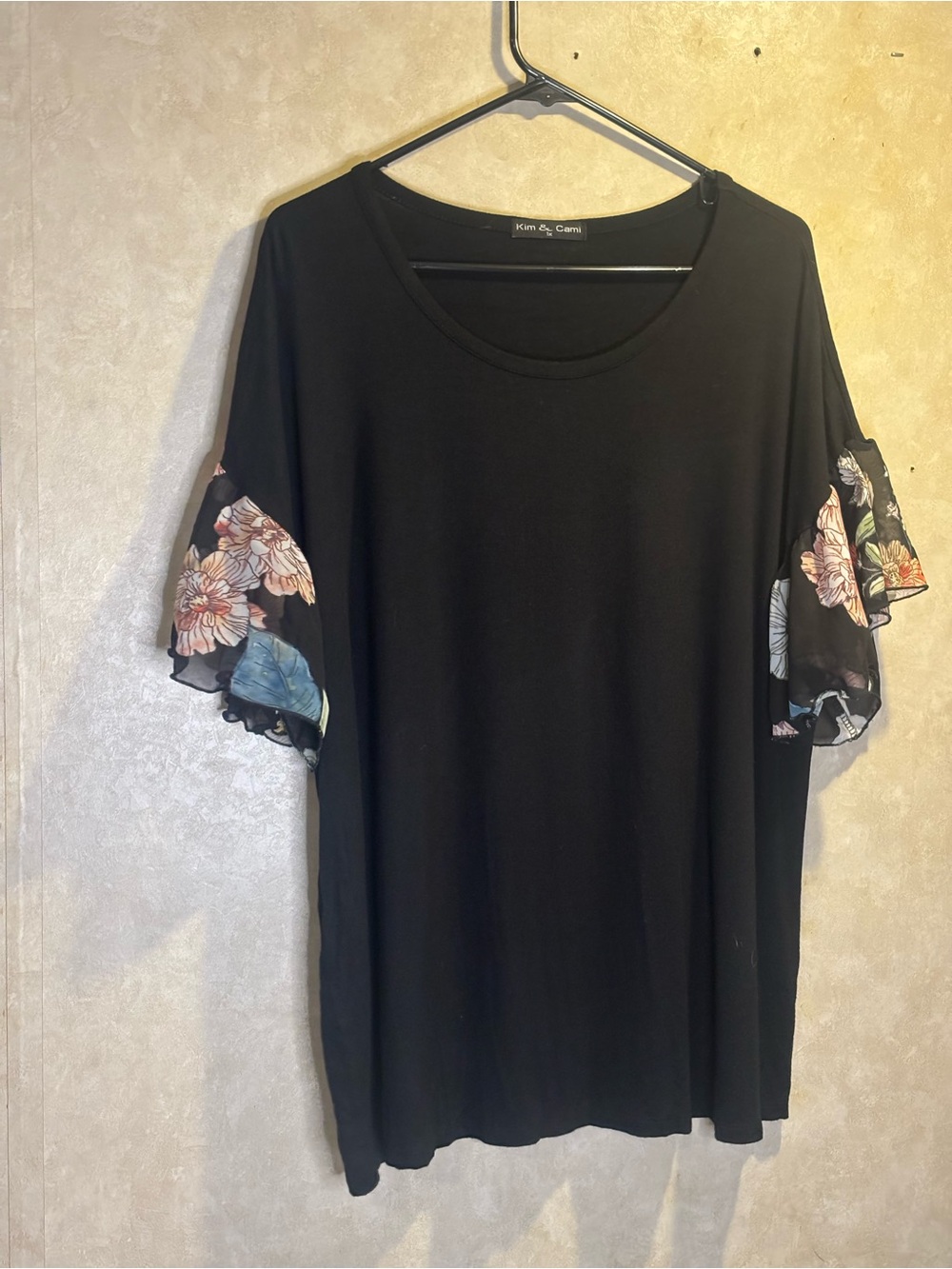 Kim & Cami Black Tee with Floral Flutter Sleeves